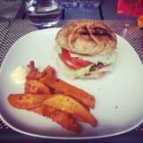 My sister made me a yummy BBQ burger with sweet potato wedges
