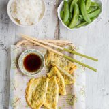 Chinese egg dumplings, rice, sugar snap peas