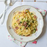 Spaghetti with Zucchini ribbons and Pancetta