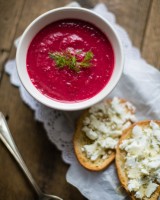 Beetroot Apple Soup with Fennel Goat's Cheese Croutons