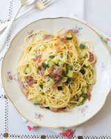 Spaghetti with Zucchini ribbons and Pancetta